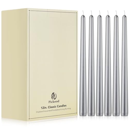 Pickood 12-Inch Tall Unscented Dripless Taper Candles Bulk 30 Pack - Silver Taper Candles Bulk, Perfect for Wedding, Dinner - Smokeless, 8-10 Hour Long Burning - Colored Candlesticks Bulk - Silver