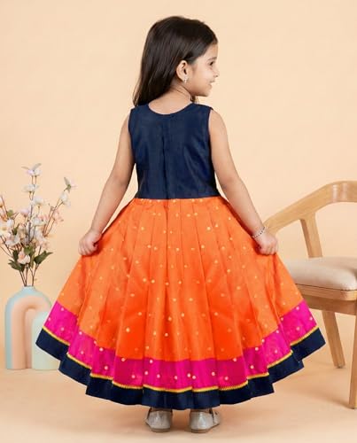 Image of Girls Designer Lehenga Choli Set Orange Rani Pink Readymade Pattu Pavadai Style Traditional Ethnic Dress for Baby Girls Kids Festive Wedding 3Months-8 Years