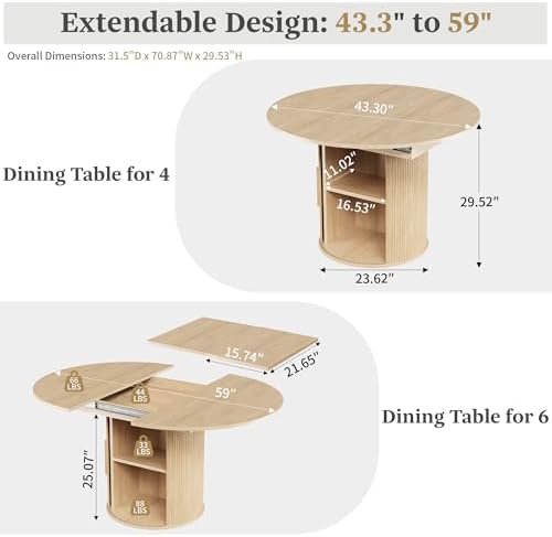 weselon 43"-59" Extendable Round to Oval Dining Table with Hidden Storage, Modern Wooden Kitchen Table with Fluted Sliding Door Cabinet, Expandable Dinner Table for Dining Room Living Room (Natural) - 1