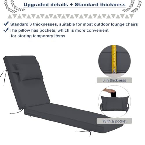 Outdoor Chaise Lounge Cushions Set of 2, Waterproof Fade Resistant Patio Lounger Cushion with Removable Cover, Replacement Sun Lounger Pad for Pool Deck Lawn (2PC-Dark Gary, 72*21*3 inch) by Actualaction - Image 3