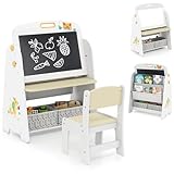 FANTASK Kindertafel mit Stuhl, Doppelseitige Spieltafel mit Weißtafel &Bücherregal & Magnetischer...