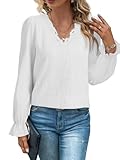 YUTILA Chemisier à manches longues pour femme avec col en V et bordure en dentelle - Élégant haut uni pour le bureau et les loisirs, Blanc., L