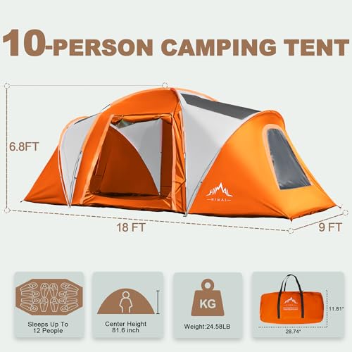 10 Person Family Tents for Camping Waterproof, Music Festival, Parties,2 Room Big Tent with 4 Large Mesh Windows, Double Layer, Easy Setup, Weather Resistant,18ft X 9ft X6.8ft - Image 3