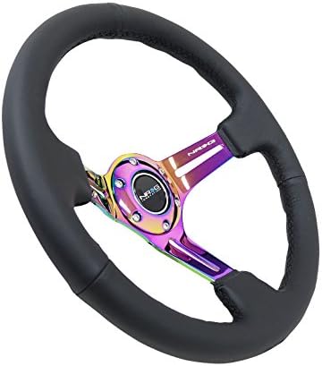 NRG Innovations NRG-RST-018R-MCBS Reinforced Steering Wheel 350mm 75mm Deep Sport Steering Wheel Leather (3" Deep) Black Stitch With Slits In Neochrome Double Riveted Spokes