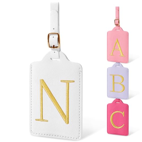 Image of Initial Letter Luggage Tags for Suitcases, Personalized Embroidered Letter Luggage Bag Suitcase Identifier Name Tag, Cute PU Leather Travel Luggage Tags, Bag Tags for Luggage Handbags(White N)