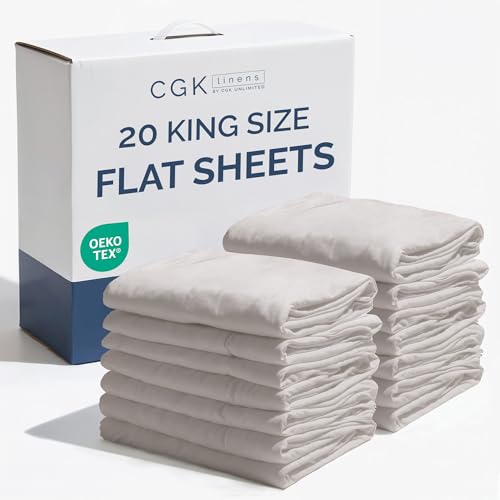 Bulk Case Pack of 20 Flat Sheets - (20) King Size Hotel Quality Top Flat Bed Sheets Only - Wholesale Bulk Bedding for Hotels, Spas & Airbnbs - Breathable, Cooling & Wrinkle Free - (King, Lig