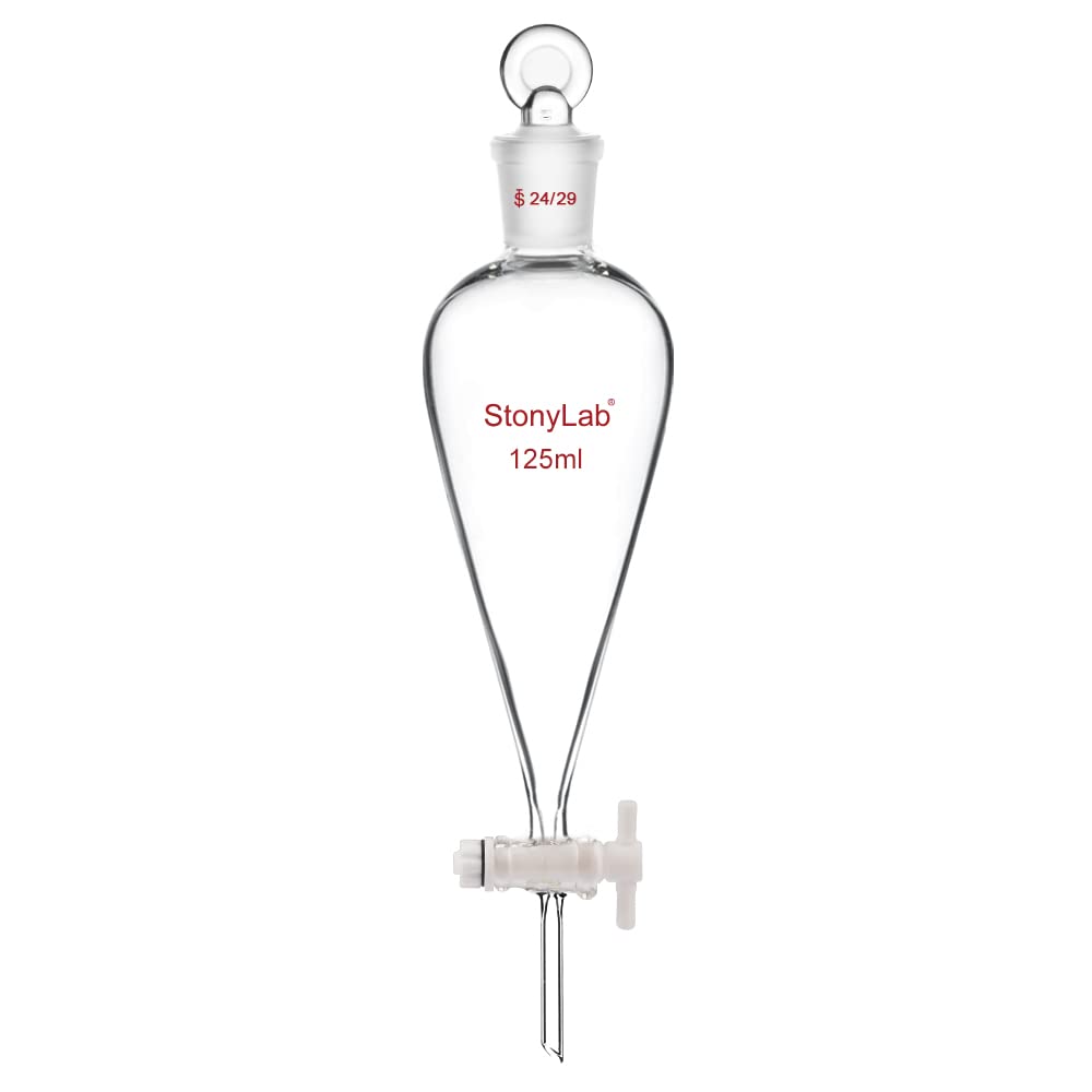 stonylab 125ml Imbuto Separatore con Rubinetto di Arresto in Vetro, Imbuto Laboratorio Conico a Forma di Pera con Parete Pesante in Vetro Borosilicato con Giunto 24/29, Separatory Funnel