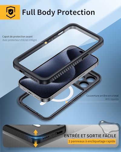 Coque iPhone 15 Pro étanche avec protection écran et objectif photo noire