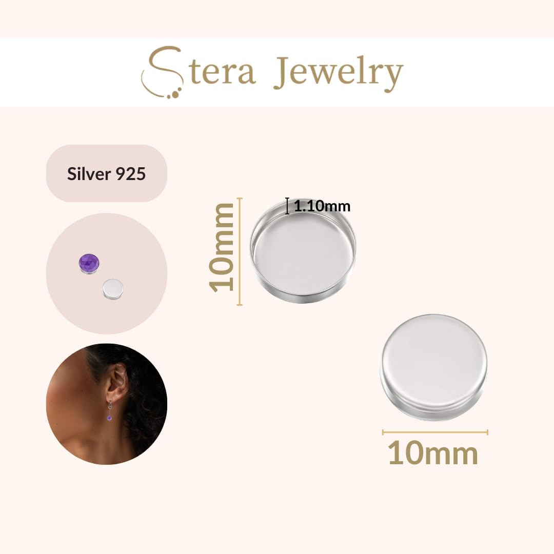925 Sterling Silver Bezel Cups - 12 Pcs, 10mm Cabochon Blanks, Round - DIY Jewelry Supplies - Bezels and Cabochons for Jewelry Making - Pendants, Bracelets, and Earrings