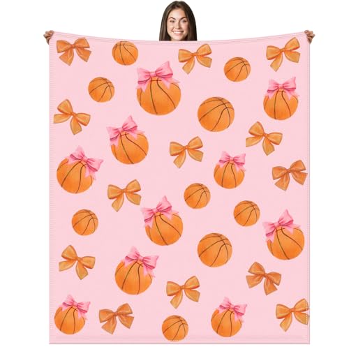 Hillsuren Pink Basketball Coquette Bow Blanket 50 x 60 Softball Sports Throw Blanket Bow Stuff Team Gifts for Ball Lovers Players Home Decor Halloween Christmas Thanksgiving Gift