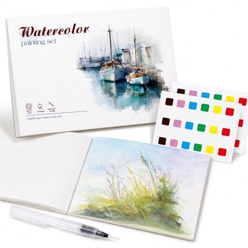 Image of Landscape Watercolour Workbook, 20 Pre-Drawn Scenes, Paint Cards & Brush