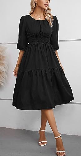 Image of Kormei Women Summer Casual Boho Floral Round Neck 3 /4 Sleeve Smocked Waist Tiered Flowy Swing Midi Dress S Black