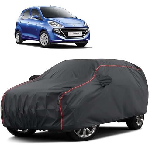 Image of Sulfar 100% Water Resistant Car Body Cover Compatible with Mirror for Hyundai Santro (Triple Stitched, Full Bottom Elastic, Dark Grey Taffeta with Red Piping)