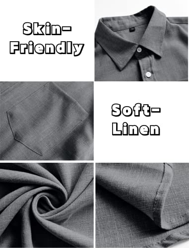 Evelom Linen Shirt For Men Short Sleeve Button Down Casual Shirts Mens Collar Summer Beach Shirt Gray #TOP4