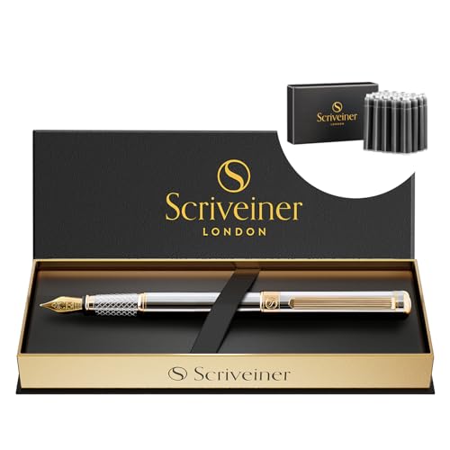 Scriveiner Silver Chrome Fountain Pen - Stunning Luxury Pen, Real Gold Plating, Schmidt Gilded Nib (Medium), Bundle with Fountain Pen Ink Cartridges - Black - 20 Standard International