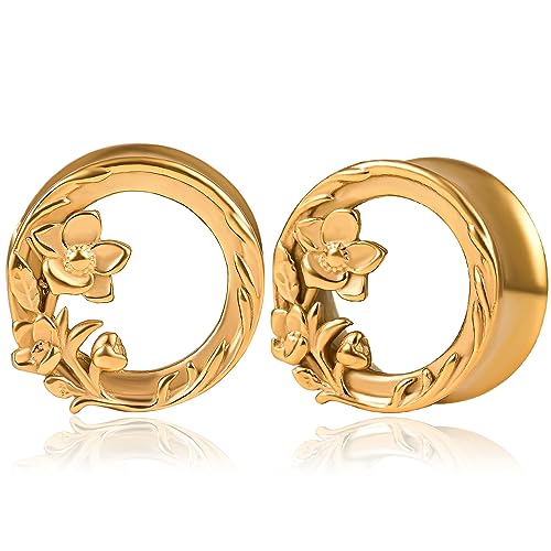 DOEARKO Ohr Flesh Tunnel 1 Paare Blume Ohr Tunnel Edelstahl Ohr Plug Expander Ohrpiercing Gestreckte Schmuck für Frauen und Männer 8-16MM (Gold, 8mm)