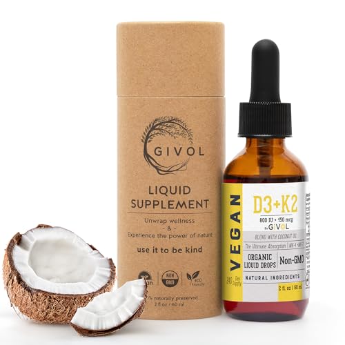 GIVOL D3 + K2 Liquid Drops with MK-4 & MK-7 –Non-GMO, Gluten-Free, Sugar-Free, Easy Absorption, Liquid Spray for Kids & Adults - 2 Fl Oz-60 ml, 240 Day Supply