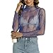 Womens Mesh Sheer Tops Mock Neck See Through Floral Shirt Tops Fashion Lace Long Sleeve Shirts Party Club Night Blouse Blue