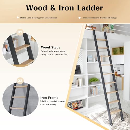 Image of Fredbeck 10ft,120in Library Ladder Carbon Steel Frame Wooden Step,for Loft