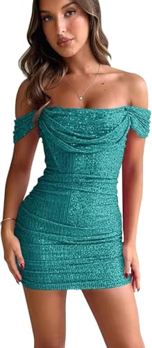 Off Shoulder Homecoming Dresses Sparkly Aqua Prom Dress for Women US 14