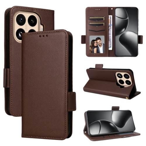 Étui portefeuille Xiaomi 15T Pro en cuir marron à rabat grainé et fermeture magnétique