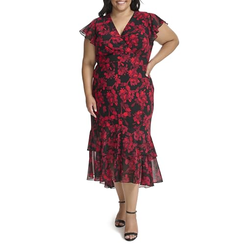 Image of Tommy Hilfiger Women's Flutter Sleeve V-Neck Ruffle Trim Hi-Lo Midi Dress