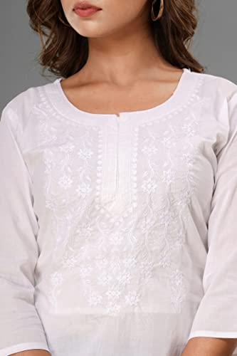 Image of Lucknowi Chikan Embroidered Short Casual White Kurti for Women