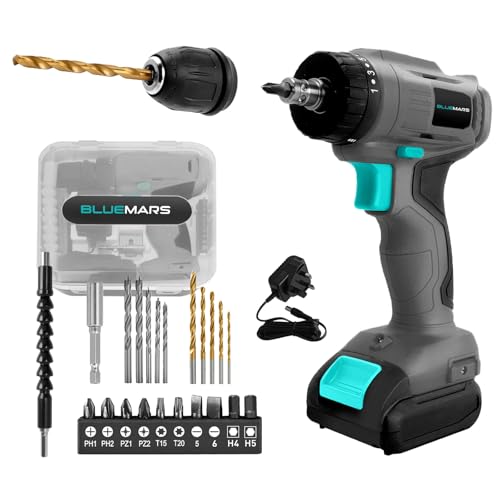 BlueMars Cordless Multifunction Screwdriver and Combi Drill Set for Furniture & DIY, 12V Rechargeable Battery, Mini Gift for Craftsmen, Detachable Chuck, 2 Speeds, 19 Torque Settings, LED Light