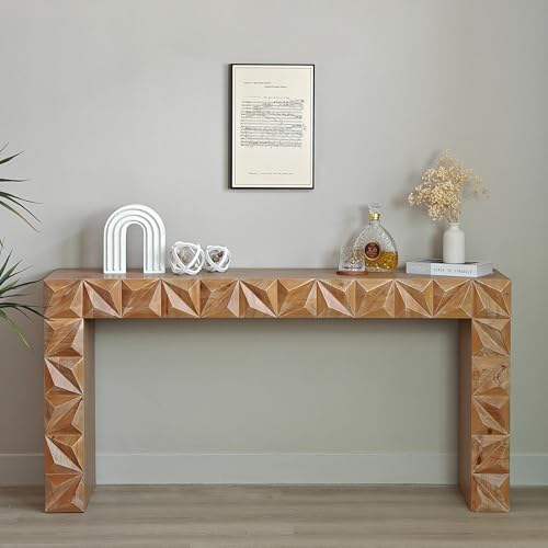 Modern Geometric Wooden Console Table Dark Brown with Handcrafted 3D