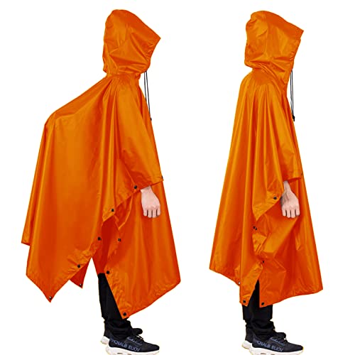 Foto von Jewlri Regenponcho 3-in-1 Multifunktionales Regencape Regenmantel mit Kapuze Orange Outdoor Bekleidung Wasserdichter Winddichter Wiederverwendbar Mehrzweck für Camping Festival Angeln Wandern