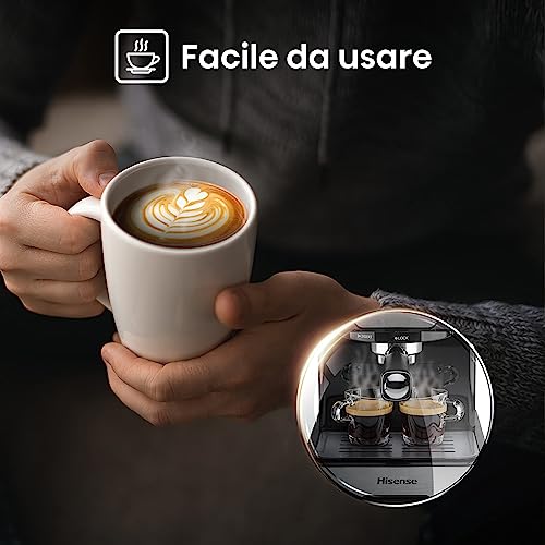 Hisense, HESCM15DBK, Machine à expresso manuelle, moulue et compatible avec dosettes ESE 44 mm, Mousseur à lait automatique et manuel, pression 15 bar, écran tactile, 1100W, Silver, 27,4 x 30 x 27,2