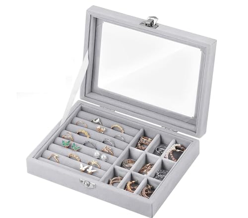 Image of Premium Women Jewelry Storage Box, Open Window Velvet Ring, Bracelets, Earrings Display, 9 Grids Lockable, Removal Tray, Ring Slot, Jewelry Tray Travel Case (pack of 1 piece, grey)
