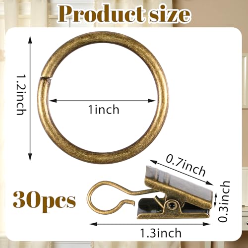 30 PCS Antique Brass Clips Curtain Hooks for Curtain Rod, Metal Window Drapery Decorative Clips Curtains Hooks Hangers Clip Rings, This Small Drapery Curtainring with Clip Hook Fits up to 0.4-0.75 in
