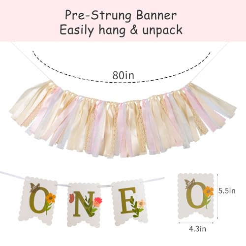 Image of Blossom High Chair Banner with Flower & Butterfly- Floral inchONE inch First Birthday Decor for Baby Girls, Little Fairy 1st Highchair Garland, Cake Smash Photo Prop