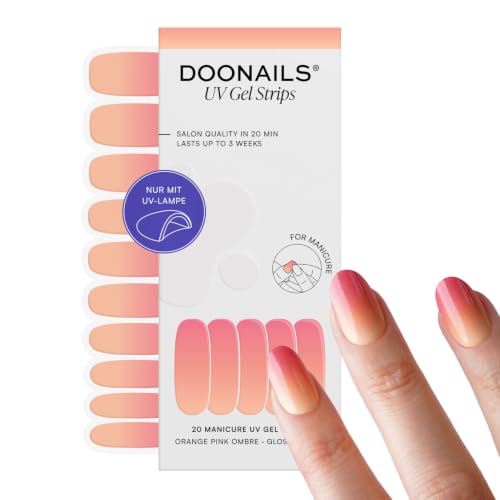 DOONAILS UV Gel Strips Orange Pink Ombre Orange-Pink Ombré Nagelfolie UV härtend 20 Strips für 2 Maniküren Bis zu 3 Wochen Halt HEMA-frei & vegan Salonqualität