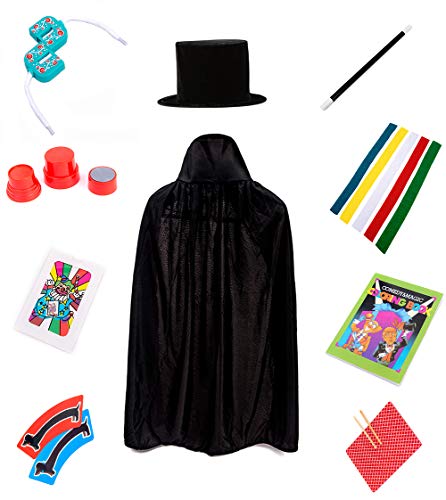 Jufang Young Magician Role Play Kits Magic Cosplay Tricks Set for Kids Contains Magic Hat and Cape Magic Wand Magic Rabbit Puppet Gloves and Color Ribbons (Blue)