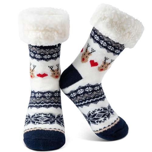 SUJAHHUJIQ Chaussettes de Noël pelucheuses pour femme, chaussettes d'hiver chaudes et antidérapantes pour l'hiver - Chaussettes épaisses et confortables avec renne - Cadeaux de Noël pour femme, bleu,