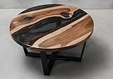 Round Coffee Table, Natural Walnut Wood with Black Epoxy Resin River Design, Metal Base (24' in)