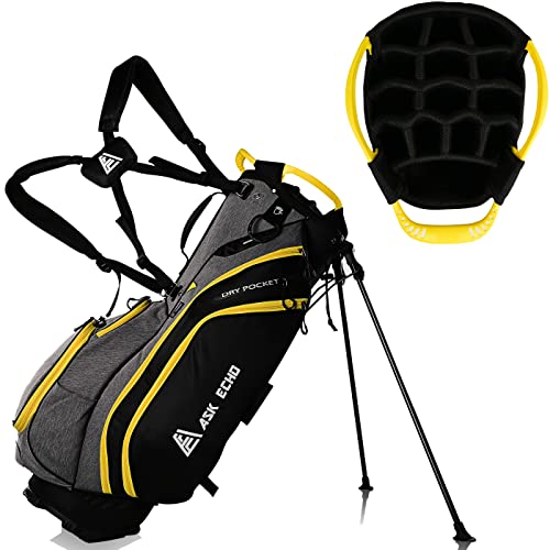 ASK ECHO Lightweight Golf Stand Bag with 14 Way Full Length Dividers 9 Pockets (Grey Yellow)