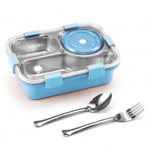 Meal Caddy Bento Stainless Steel Lunch Box, 3 Compartments, 4-Side Lock, with Tray, Spoon, Fork & Container for Kids, School, Office, Travel, BPA Free