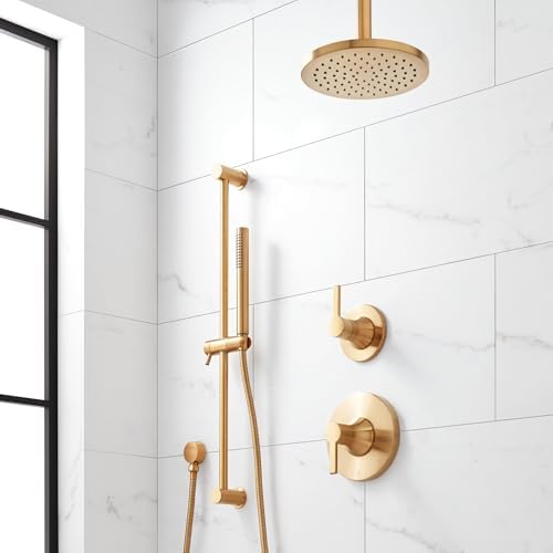 Lentz Pressure Balanced Shower System with Shower Head, Hand Shower, Slide Bar, Shower Arm, Hose, Valve Trim, and Rough-In Valve, Brushed Gold