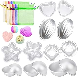 14Pcs Bath Bomb Moulds, DIY Fizzies Bomb mold in 7 Shape Hemisphere Conch Scallop Heart Starfish, Aluminum Alloy Craft Ball Hollow Ball Fillable with 50Pcs Organza Bags, for Handmade Soaps & Cake