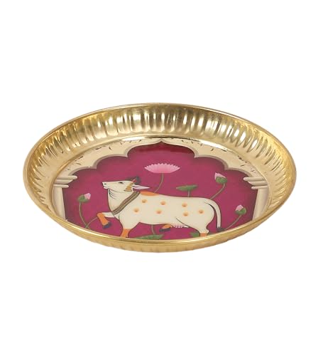Image of Two Moustaches 6 Inches Kamdhenu Cow Design Brass Pooja Thali, Puja Aarti Thali for Home Temple, Gifts for Puja Ceremony, Brass Pooja Plate, Decorative Thali, Multicolored, Pack of 1
