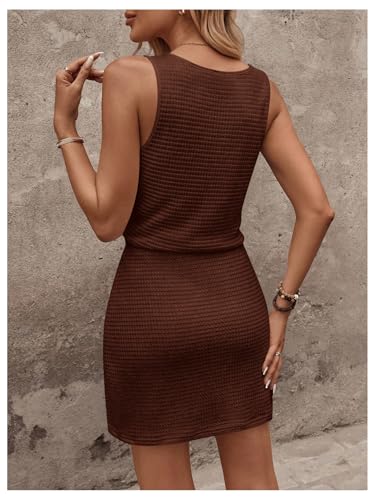 Image of RoseSeek Women's Waffle Knit Belted Tank A Line High Waisted Dresses Square Neck Sleeveless Summer Short Dress