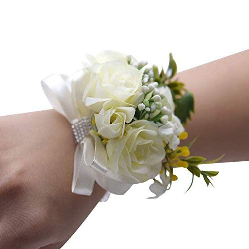 2 Pcs White Wedding Bride Wrist Corsage Bridesmaid Wrist Flower Artificial Rose Ribbon