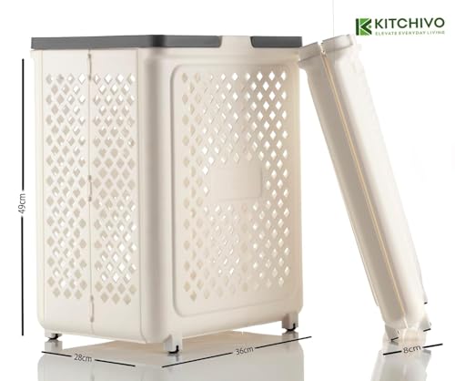 Image of KITCHIVO Collapsible Laundry Basket with Wheels and Handle, Plastic Foldable Laundry, 45L Versatile Portable Storage Basket for Laundry and Bathroom (WHITE)