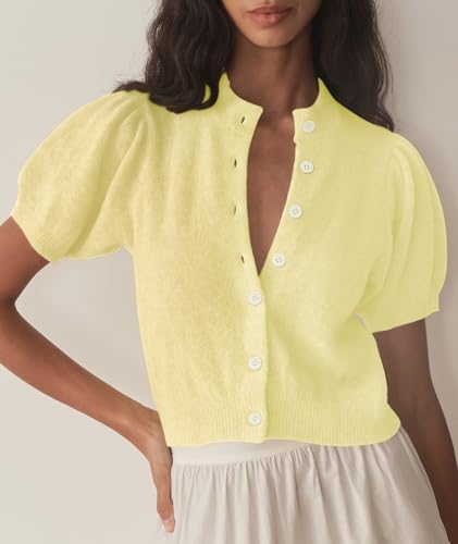 Image of Womens Puff Short Sleeve Cardigan Sweaters Cropped Button up Lightweight Y2k Knit Summer Cardigans