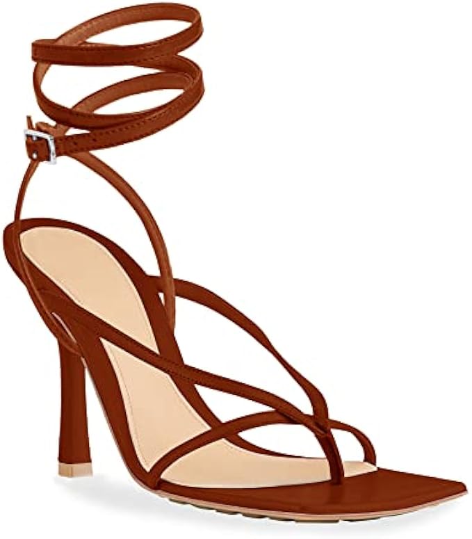 Coutgo Women's Lace Up Heeled Sandals Square Open Toe Stiletto Heels Flip Flops Ankle Strap Pumps