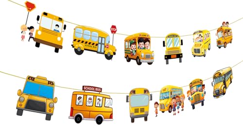 School Bus Themed Banners Decorations 2PCS Welcome Back to School Party Supplies First Day of School Birthday Carnival Events Prize Class Yellow Cartoon Transportation Decor