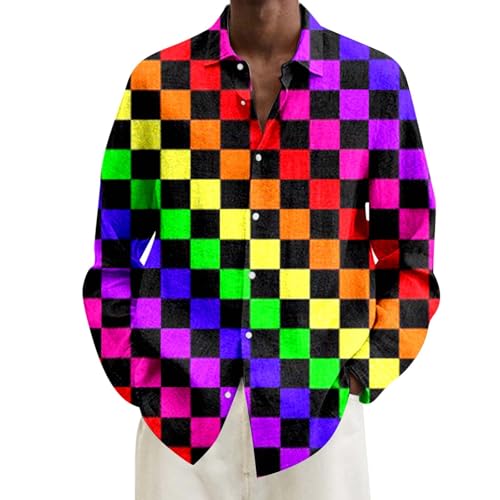 80er Jahre Outfit Herren Hemd Langarm, Faschingskostüme Männer 70er Hemd, 60er Hip Hop Disco Outfit Herren Hawaiihemd Mit Bunte Muster Und Button-Down Lustig Slim Fit 90er Jahre Silvester Hemd Herren